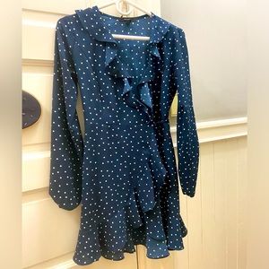 Forever 21 Long Sleeve Wrap Around Polka Dot Navy & White Mini Dress M